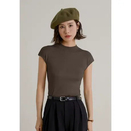 弥古咖色半高领美拉德上衣女春秋短袖打底内搭t恤显瘦无袖针织衫图片