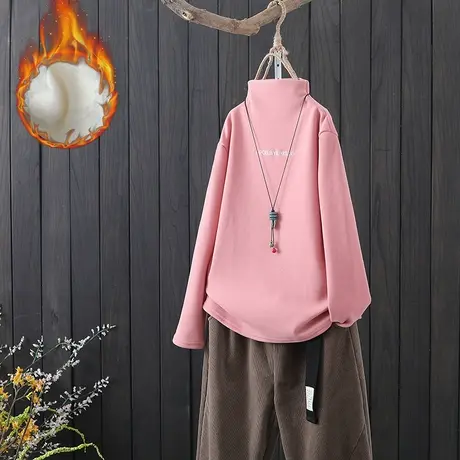 文艺刺绣半高领加绒保暖长袖T恤秋冬新款套头宽松显瘦打底衫女装商品大图