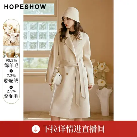 【直播专享】冬季系带双排扣翻驳领双面呢大衣90122370802红袖商品大图