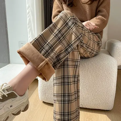 加绒格子裤女高腰加厚2023秋冬新款窄版直筒宽松小个子休闲阔腿裤商品大图