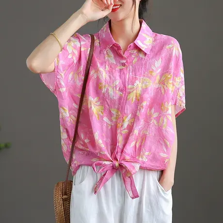 dza 翻领短袖棉麻上衣女士衬衫2022夏季新款薄款宽松气质漂亮衬衣图片