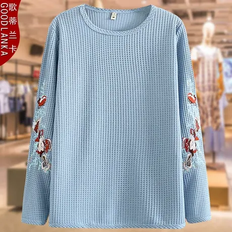 大码中老年春秋长袖打底衫上衣2022新款宽松洋气针织套头卫衣外套商品大图