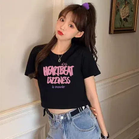 短袖短款上衣女abg辣妹夏季女装黑色甜辣t恤2025新款又甜又辣上衣商品大图