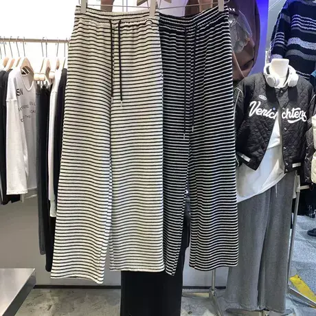 秋冬加厚保暖松紧高腰裤子长裤条纹裤针织毛巾裤休闲宽松阔腿裤女商品大图