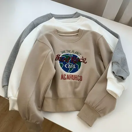 2022春季新款欧美风字母刺绣套头圆领卫衣女宽松短款减龄休闲上衣图片