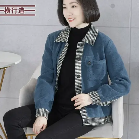 2024新款春装翻领加绒宽松外套女装千鸟格拼接保暖大码妈妈上衣服商品大图