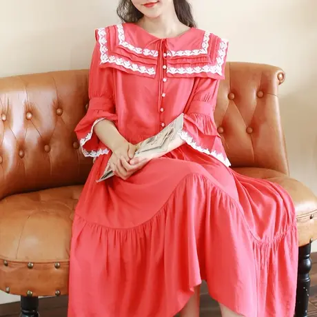 夏新品海军领七分袖连衣裙大码文艺复古宽松显瘦长裙图片