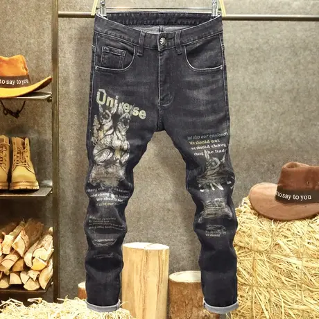 2024新款春季牛仔裤男士潮牌修身小脚裤高端重工图案印花潮流裤子商品大图