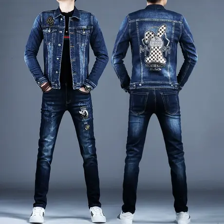 秋冬牛仔套装男士裤子潮流小脚修身新款牛仔上衣夹克外套刺绣高端图片