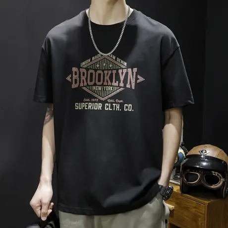 重磅短袖t恤男士夏季宽松胖子大码潮牌加肥加大纯棉男装体恤美式商品大图