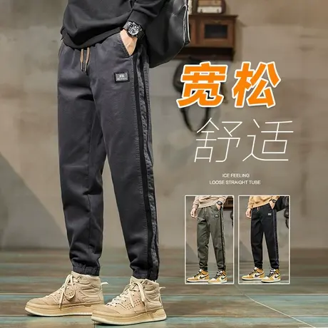 秋冬季工装休闲裤男士宽松紧腰2024新款侧边竖条纹男裤子冬裤男款商品大图