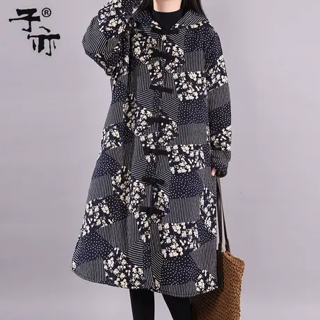 子亦冬季新款韩版休闲连帽宽松大码长袖印花简约加绒加厚外套图片