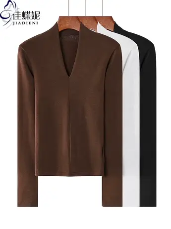 秋冬新款深V领纯欲修身显瘦纯色简约纯棉长袖体恤上衣内搭女打底商品大图