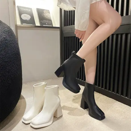 马丁靴女2023年秋冬季新款时尚百搭高跟小短靴气质方头粗跟瘦瘦靴图片