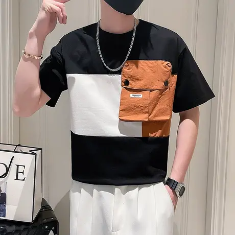 撞色工装短袖T恤男士夏季新款潮流半袖上衣圆领拼接休闲百搭体恤商品大图