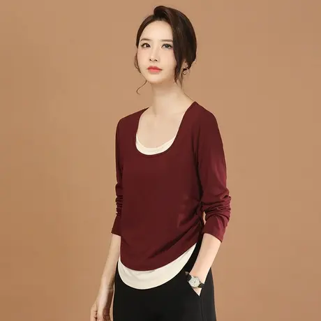 韩潮袭人圆领假两件设计感T恤女2024春季新款修身显瘦打底上衣图片