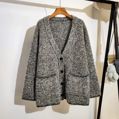 大码毛衣开衫女秋冬新款韩版v领宽松慵懒中长款遮肉加厚大衣外套商品大图