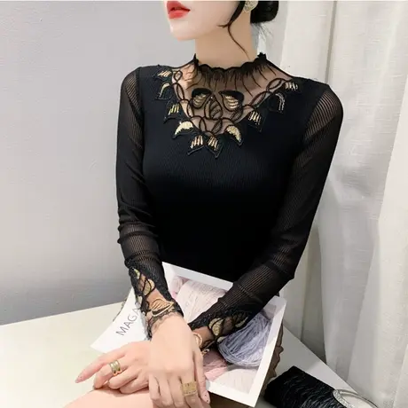 性感网纱镂空花边烫钻长袖打底衫时尚洋气减龄内塔上衣女修身T恤图片