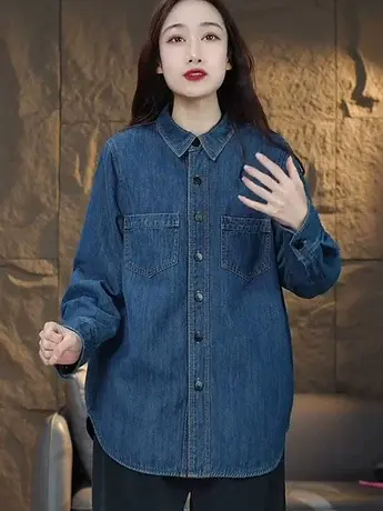 复古做旧牛仔衬衫女外穿秋冬加绒新款宽松百搭洋气水洗长袖衬衣女商品大图