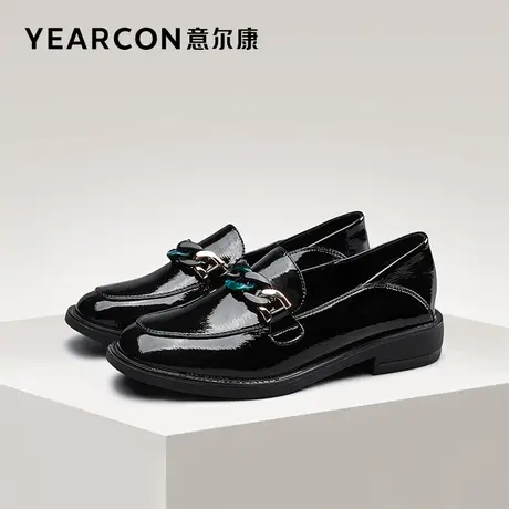 意尔康女鞋春秋季女士低帮粗跟单鞋英伦学院风小皮鞋漆皮乐福鞋商品大图