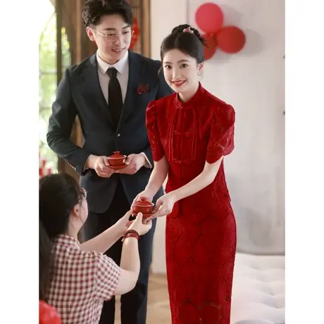 红色蕾丝旗袍敬酒服2023新款新娘高级感回门服订婚礼服连衣裙修身图片