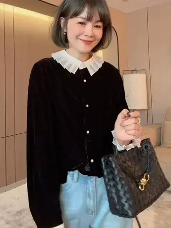 韩版拼接丝绒衬衫女2024年春季新款时尚气质娃娃领高级感打底上衣商品大图