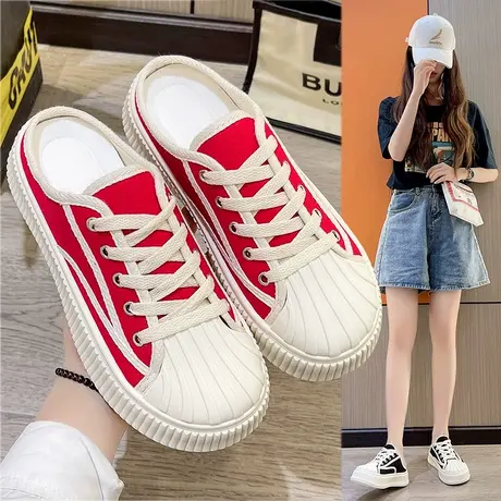 半拖鞋女夏外穿2024新款帆布鞋子女无后跟百搭小白鞋厚底包头凉拖商品大图