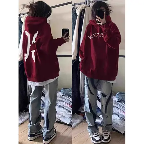 oversize酒红色连帽卫衣女秋冬季宽松韩系慵懒风加绒加厚上衣外套图片