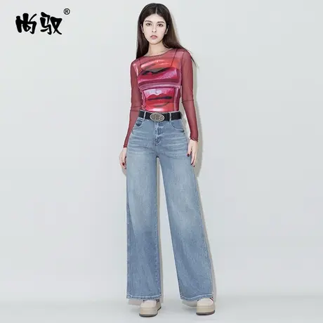 蓝色牛仔弹力高腰直筒阔腿裤2024年春季新款修身显瘦拖地裤百搭潮图片