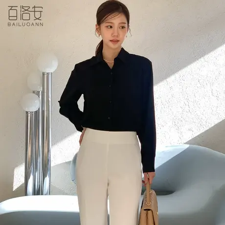 百洛安小众翻领纯色衬衫女春季新款时尚宽松长袖衬衣通勤职业上衣图片
