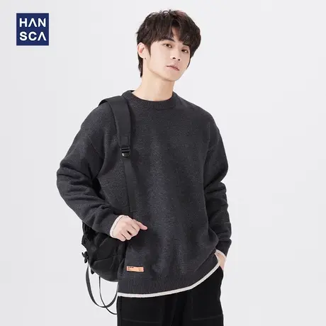 汉斯卡新款圆领毛衣男秋冬季青少年宽松大码潮流休闲打底针织衫男商品大图