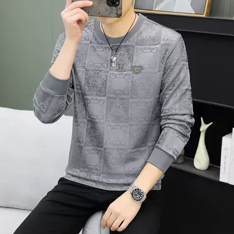 男士长袖t恤高档提花面料卫衣2024秋冬新款加肥加大码秋衣打底衫商品大图