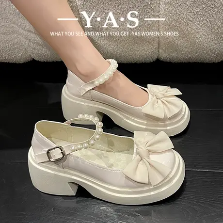 玛丽珍鞋女2024年春新款时尚高跟蝴蝶结厚底粗跟珍珠配裙子小皮鞋商品大图