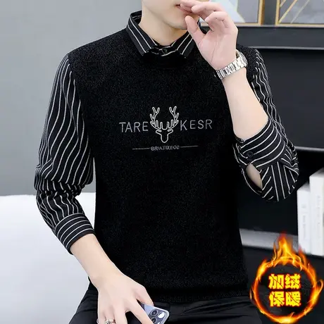 秋冬季假两件衬衫领针织打底衫男士潮牌加绒保暖带领雪尼尔毛衣服商品大图