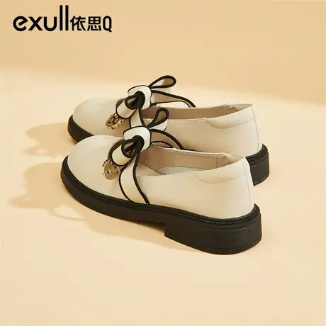 依思q女鞋2024年春季新款蝴蝶结小皮鞋学院风厚底浅口白色乐福鞋商品大图