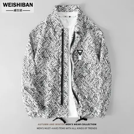 美式潮牌ins黑白斜纹色织休闲夹克男秋冬季高街工装宽松痞帅外套商品大图