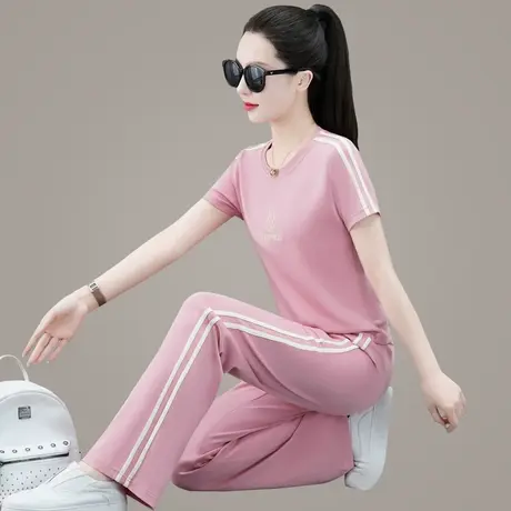 直筒裤运动休闲套装女夏季时尚薄款长裤短袖减龄天丝衣服两件套潮商品大图