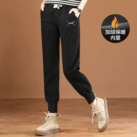 韩潮袭人复古松紧腰刺绣加绒运动裤女2023冬季新款显瘦束脚卫裤图片