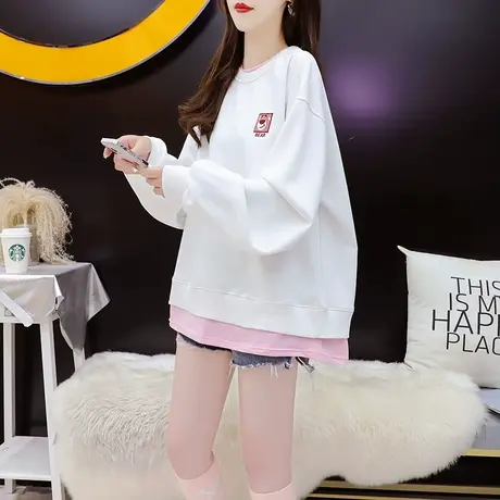 减10】宽松假两件卫衣女2023新款早秋洋气减龄设计感春秋薄款外套商品大图