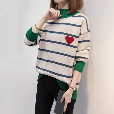半高领毛衣女条纹打底衫2023秋冬新款宽松外穿针织衫内搭加厚上衣商品大图