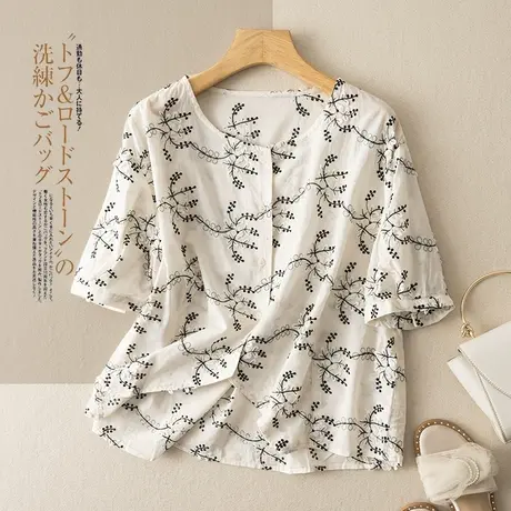 享永子短袖全棉刺绣T恤文艺复古宽松设计感小众上衣休闲2023新款图片