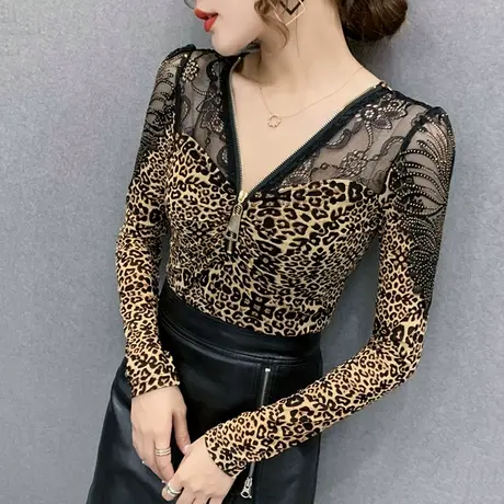 2023春秋新款性感V领拉链T恤女长袖蕾丝拼接豹纹上衣洋气百搭小衫商品大图