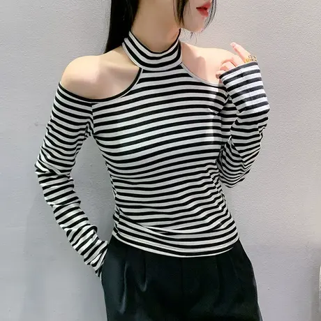 性感露肩T恤女长袖2023秋装新款心机镂空洋气上衣内搭条纹打底衫商品大图