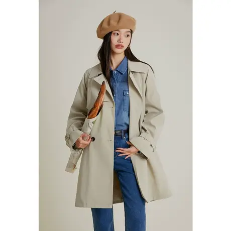 弥古卡其色风衣女款2023新款中长款收腰外套秋季英伦风大衣高级感商品大图