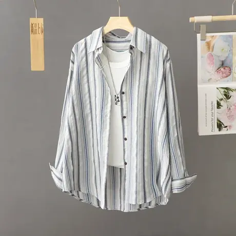 法式条纹衬衫女士开衫春秋季设计感小众休闲衬衣罩衫外套长袖上衣图片