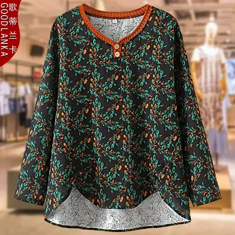 中老年女士秋装新款长袖上衣加肥加大码女装妈妈棉麻花色T恤小衫商品大图
