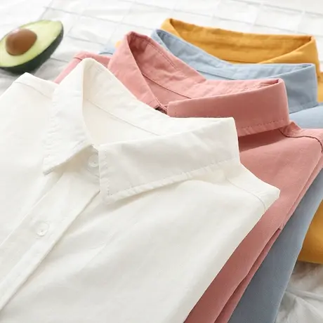 春新款日系小清新文艺纯棉白色长袖衬衫女中长款宽松职业打底衬衣图片