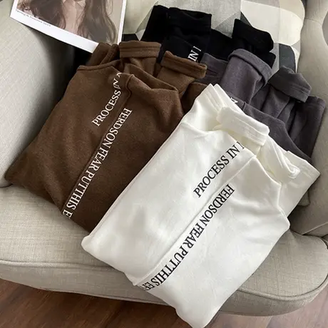 半高领德绒打底衫长袖t恤女2021秋冬洋气保暖内搭加绒加厚上衣服商品大图