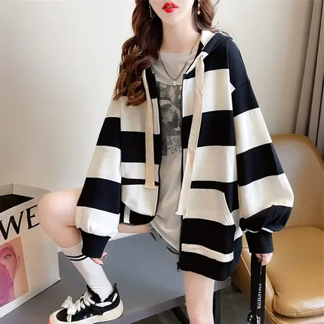 早春装连帽卫衣女春秋季韩版宽松大码薄款初春小个子条纹开衫外套图片