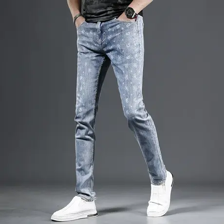 高级牛仔裤男夏季薄款2023新款时尚印花修身小脚裤潮牌弹力裤子男商品大图